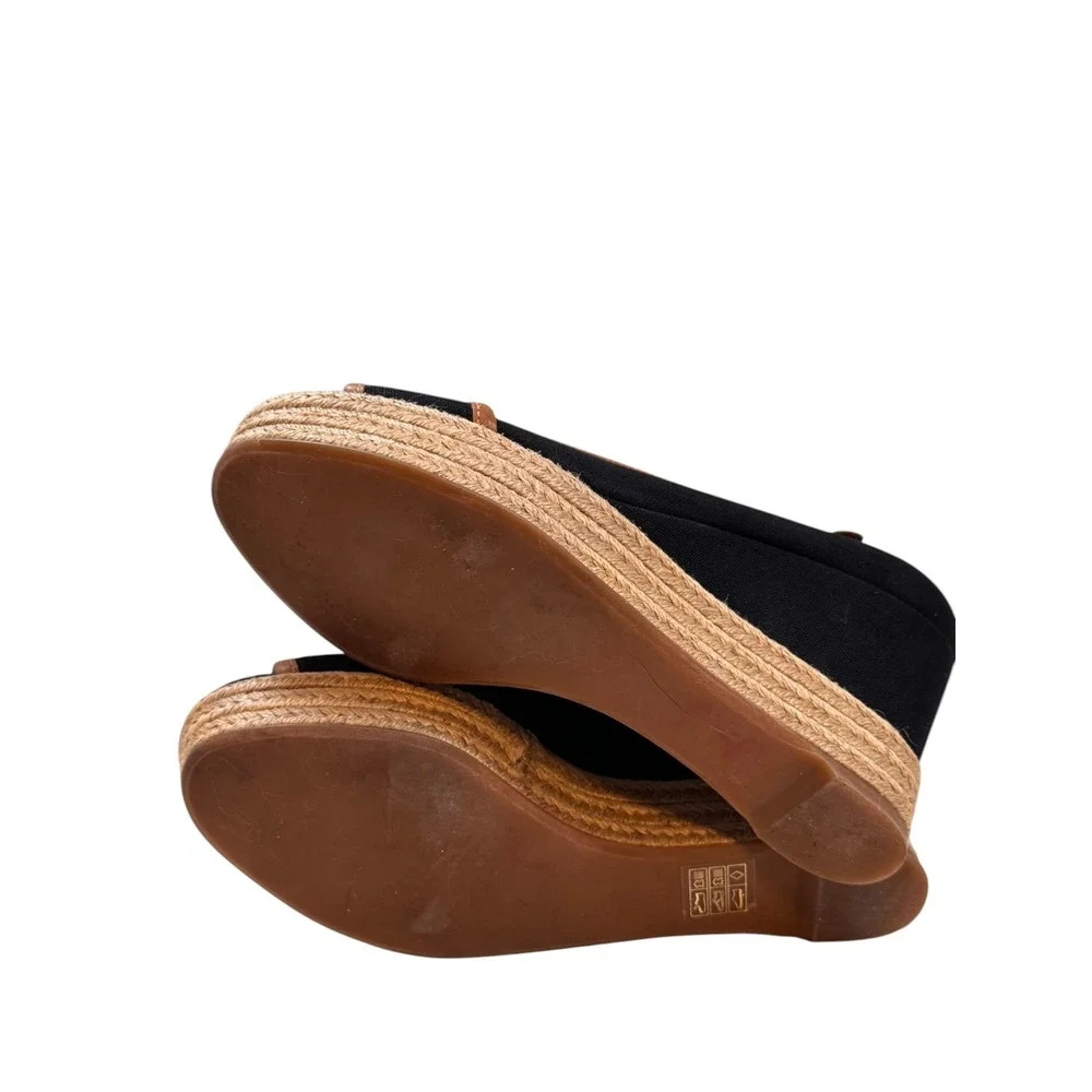 Tory Burch Majorca Espadrille Wedge Peep Toe Canvas Black/Tan EU 37.5 US 7